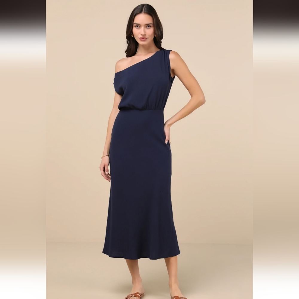 Lulus Casual Enchantment Navy Linen Off The Shoulder Dress Small NWT